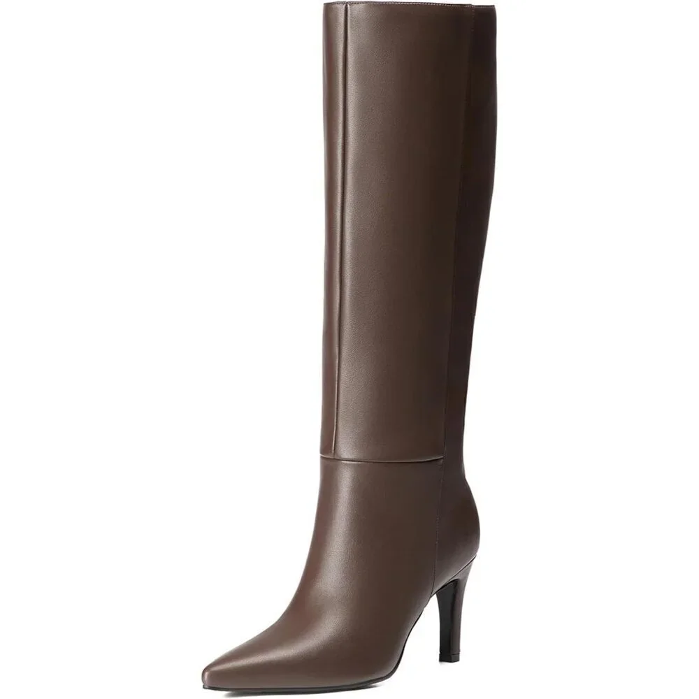 🆕Women Stiletto Brown Side Zipper Pointed Toe Knee High Dress Fashion Boots